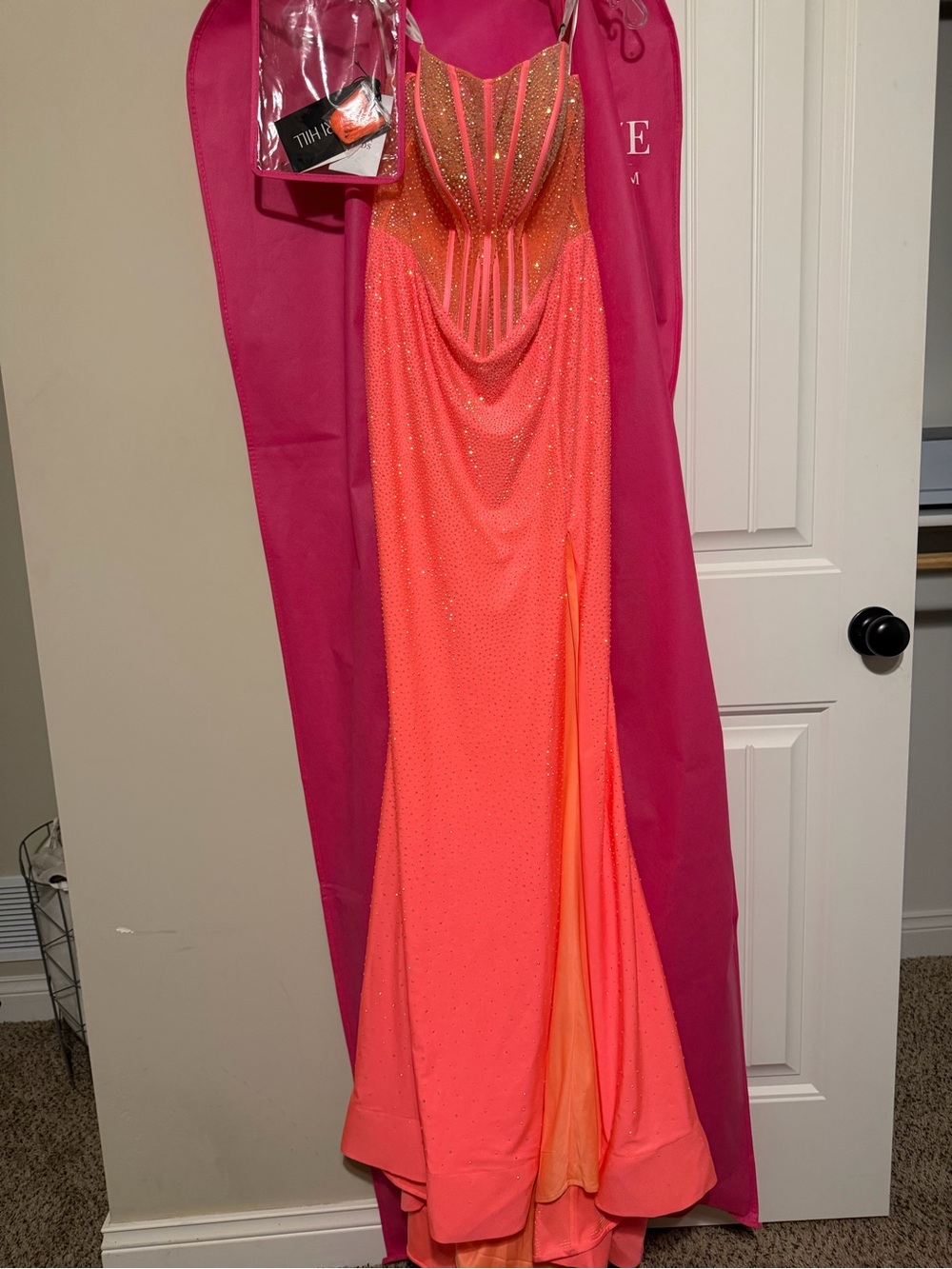 Sherri Hill Neon Coral Strapless Prom Gown